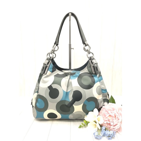 Coach Signature C Logo Print Hobo Shoulder Bag Gray Blue Silver - Picture 2 of 9